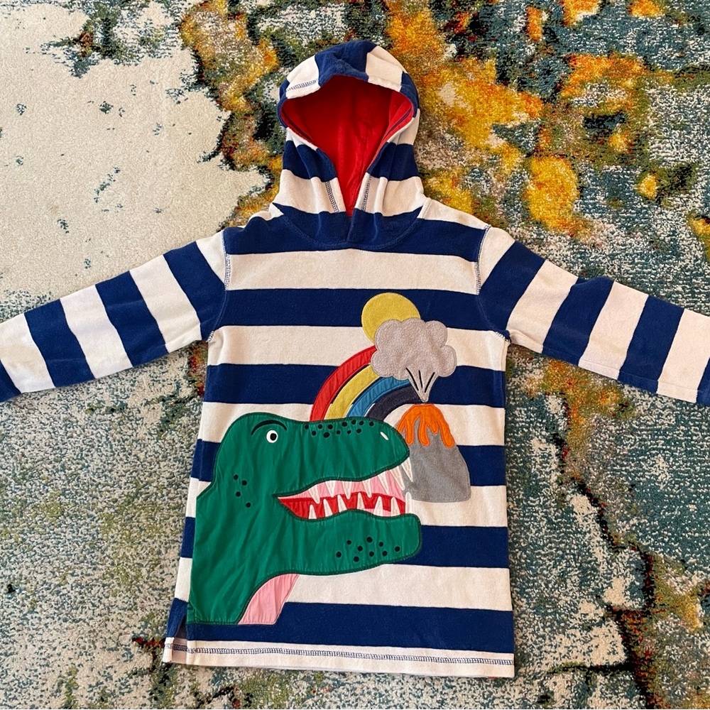 Mini Boden Navy and White Striped Hoodie with Dinosaur Design